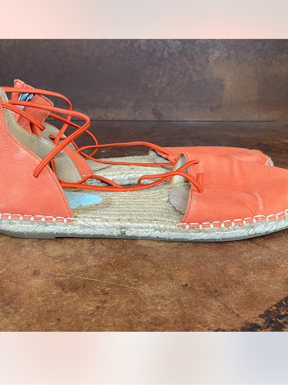 Eileen Fisher Lace Up Espadrille Flats 8.5 Coral Orange Leather